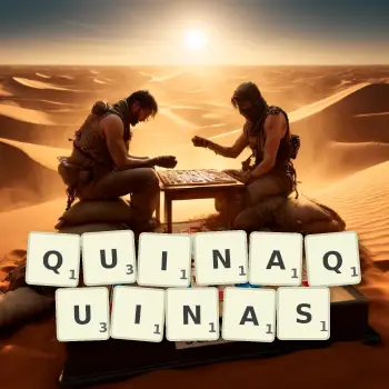 Creative illustration for a Scrabble game with the word QUINAQUINAS spelled out in tiles on the board.