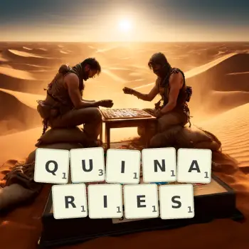 Creative illustration for a Scrabble game with the word QUINARIES spelled out in tiles on the board.