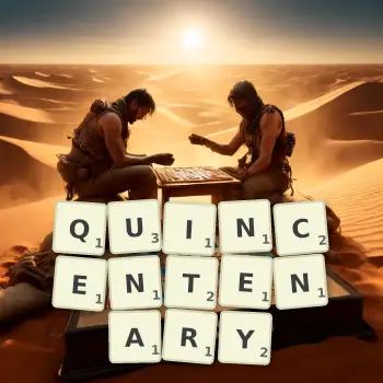 Creative illustration for a Scrabble game with the word QUINCENTENARY spelled out in tiles on the board.