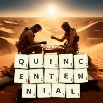 Creative illustration for a Scrabble game with the word QUINCENTENNIAL spelled out in tiles on the board.