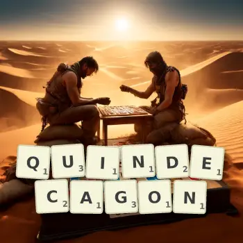 Creative illustration for a Scrabble game with the word QUINDECAGON spelled out in tiles on the board.