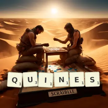Creative illustration for a Scrabble game with the word QUINES spelled out in tiles on the board.