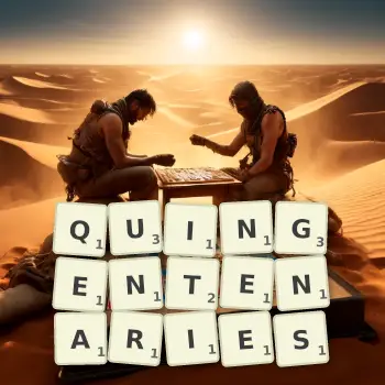 Creative illustration for a Scrabble game with the word QUINGENTENARIES spelled out in tiles on the board.