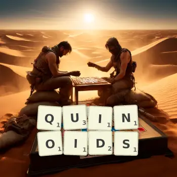 Creative illustration for a Scrabble game with the word QUINOIDS spelled out in tiles on the board.