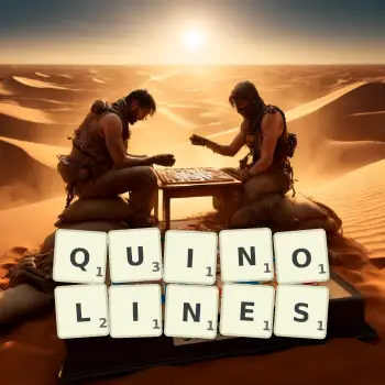 Creative illustration for a Scrabble game with the word QUINOLINES spelled out in tiles on the board.