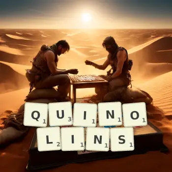 Creative illustration for a Scrabble game with the word QUINOLINS spelled out in tiles on the board.