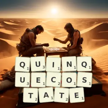 Creative illustration for a Scrabble game with the word QUINQUECOSTATE spelled out in tiles on the board.