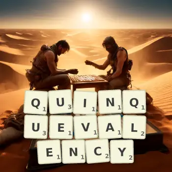 Creative illustration for a Scrabble game with the word QUINQUEVALENCY spelled out in tiles on the board.