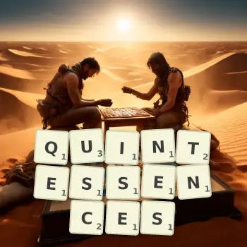 Creative illustration for a Scrabble game with the word QUINTESSENCES spelled out in tiles on the board.