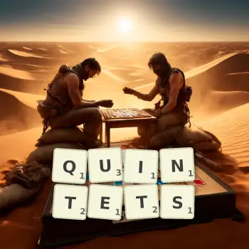 Creative illustration for a Scrabble game with the word QUINTETS spelled out in tiles on the board.