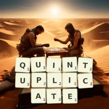 Creative illustration for a Scrabble game with the word QUINTUPLICATE spelled out in tiles on the board.