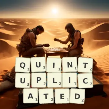 Creative illustration for a Scrabble game with the word QUINTUPLICATED spelled out in tiles on the board.