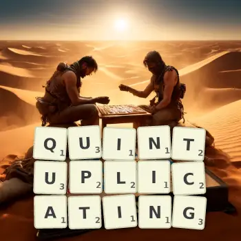 Creative illustration for a Scrabble game with the word QUINTUPLICATING spelled out in tiles on the board.