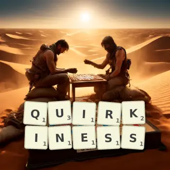 Creative illustration for a Scrabble game with the word QUIRKINESS spelled out in tiles on the board.