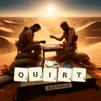 Creative illustration for a Scrabble game with the word QUIRT spelled out in tiles on the board.