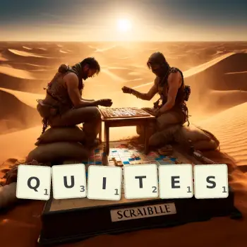 Creative illustration for a Scrabble game with the word QUITES spelled out in tiles on the board.