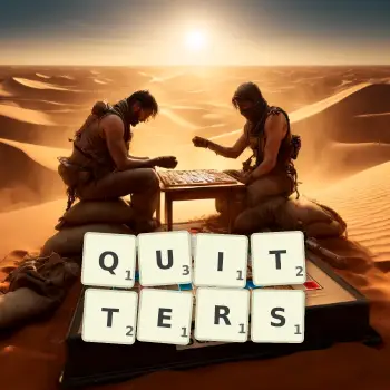 Creative illustration for a Scrabble game with the word QUITTERS spelled out in tiles on the board.