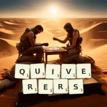 Creative illustration for a Scrabble game with the word QUIVERERS spelled out in tiles on the board.
