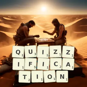 Creative illustration for a Scrabble game with the word QUIZZIFICATION spelled out in tiles on the board.