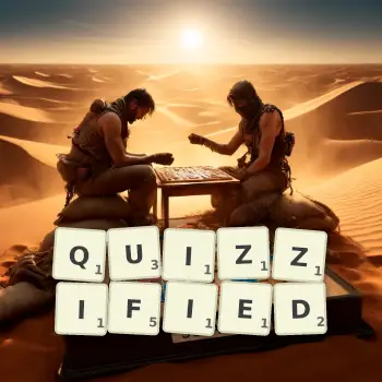 Creative illustration for a Scrabble game with the word QUIZZIFIED spelled out in tiles on the board.