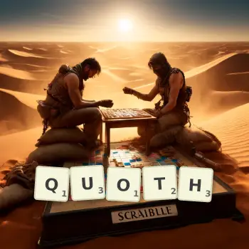 Creative illustration for a Scrabble game with the word QUOTH spelled out in tiles on the board.