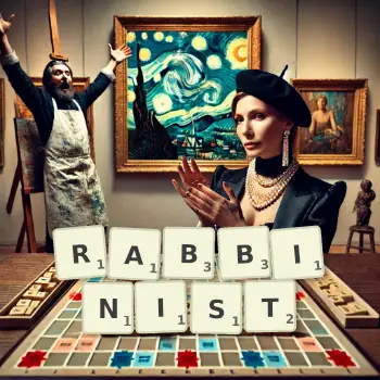 Creative illustration for a Scrabble game with the word RABBINIST spelled out in tiles on the board.