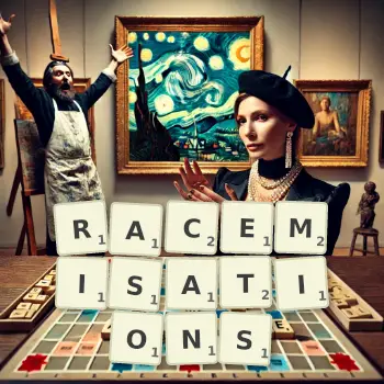 Creative illustration for a Scrabble game with the word RACEMISATIONS spelled out in tiles on the board.