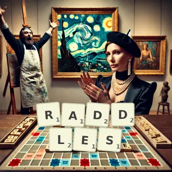 Creative illustration for a Scrabble game with the word RADDLES spelled out in tiles on the board.