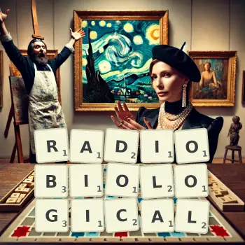 Creative illustration for a Scrabble game with the word RADIOBIOLOGICAL spelled out in tiles on the board.