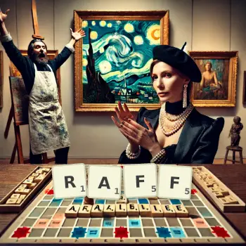 Creative illustration for a Scrabble game with the word RAFF spelled out in tiles on the board.