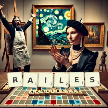 Creative illustration for a Scrabble game with the word RAILES spelled out in tiles on the board.