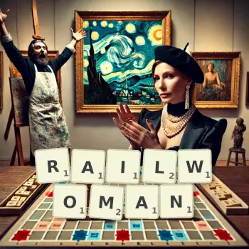 Creative illustration for a Scrabble game with the word RAILWOMAN spelled out in tiles on the board.