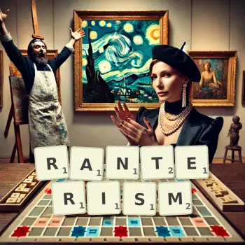 Creative illustration for a Scrabble game with the word RANTERISM spelled out in tiles on the board.