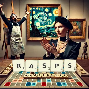 Creative illustration for a Scrabble game with the word RASPS spelled out in tiles on the board.