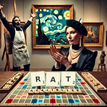 Creative illustration for a Scrabble game with the word RAT spelled out in tiles on the board.