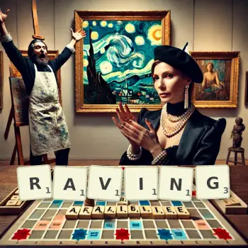 Creative illustration for a Scrabble game with the word RAVING spelled out in tiles on the board.