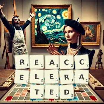 Creative illustration for a Scrabble game with the word REACCELERATED spelled out in tiles on the board.