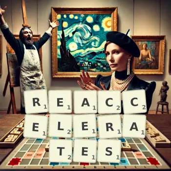 Creative illustration for a Scrabble game with the word REACCELERATES spelled out in tiles on the board.