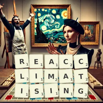 Creative illustration for a Scrabble game with the word REACCLIMATISING spelled out in tiles on the board.