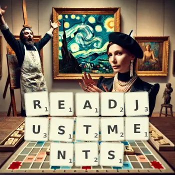 Creative illustration for a Scrabble game with the word READJUSTMENTS spelled out in tiles on the board.