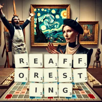 Creative illustration for a Scrabble game with the word REAFFORESTING spelled out in tiles on the board.