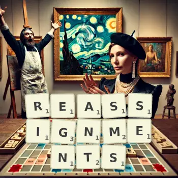Creative illustration for a Scrabble game with the word REASSIGNMENTS spelled out in tiles on the board.