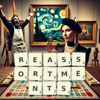 Creative illustration for a Scrabble game with the word REASSORTMENTS spelled out in tiles on the board.