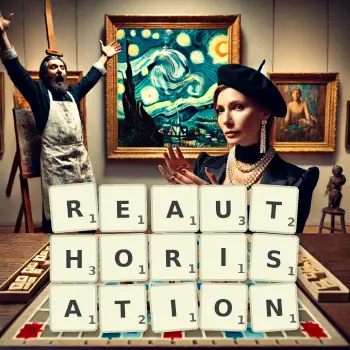 Creative illustration for a Scrabble game with the word REAUTHORISATION spelled out in tiles on the board.