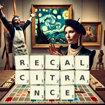 Creative illustration for a Scrabble game with the word RECALCITRANCE spelled out in tiles on the board.