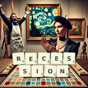 Creative illustration for a Scrabble game with the word RECESSION spelled out in tiles on the board.