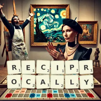 Creative illustration for a Scrabble game with the word RECIPROCALLY spelled out in tiles on the board.