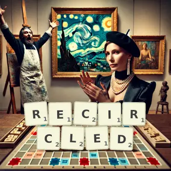 Creative illustration for a Scrabble game with the word RECIRCLED spelled out in tiles on the board.