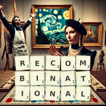 Creative illustration for a Scrabble game with the word RECOMBINATIONAL spelled out in tiles on the board.