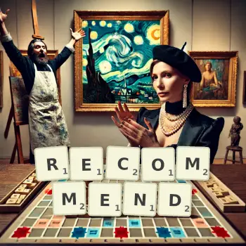 Creative illustration for a Scrabble game with the word RECOMMEND spelled out in tiles on the board.